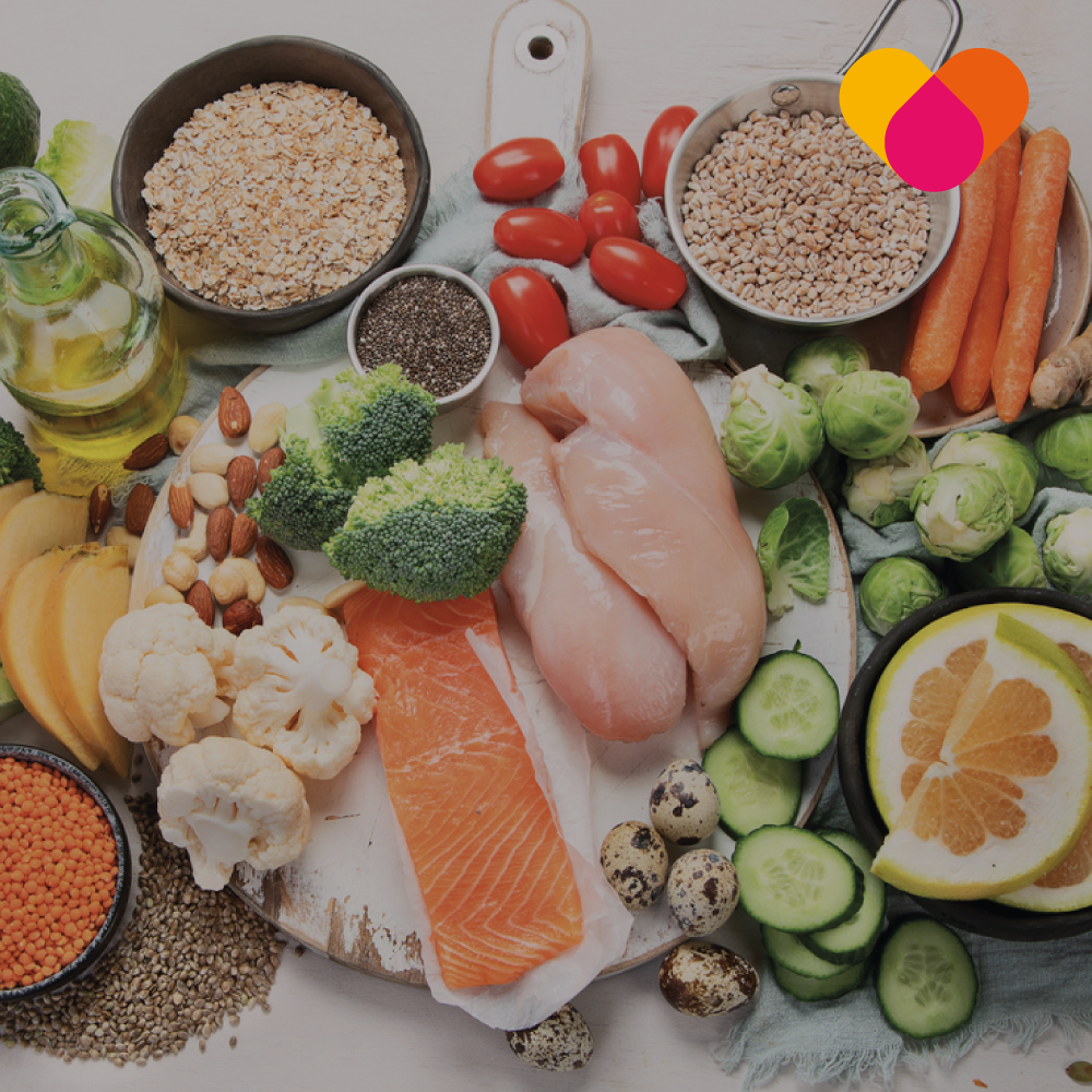 Table filled with healthy meat fruit and vegetables